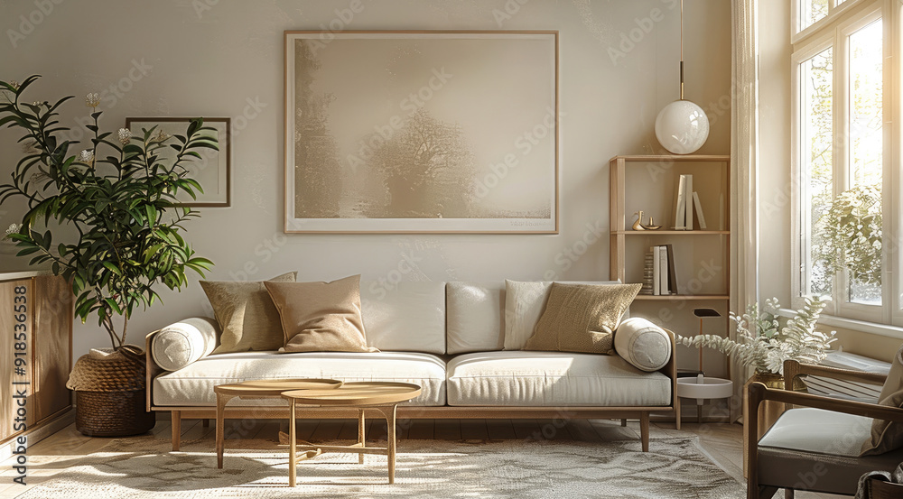 A modern living room with light oak wood, neutral paint and brass. Generative AI. A modern living room with light oak wood, neutral paint and brass. Generative AI.
