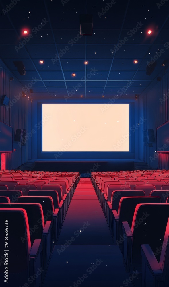 Obraz premium Deserted Movie Theater: An Empty Cinematic Space with Unlit Screens and Vacant Seats in Anime Style,Abstract concepts, game concept art, storybook illustrations, comic strips