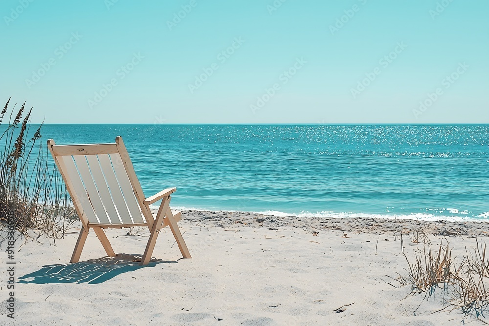 A wooden deck chair awaits relaxation on a serene beach. A wooden deck chair awaits relaxation on a serene beach.