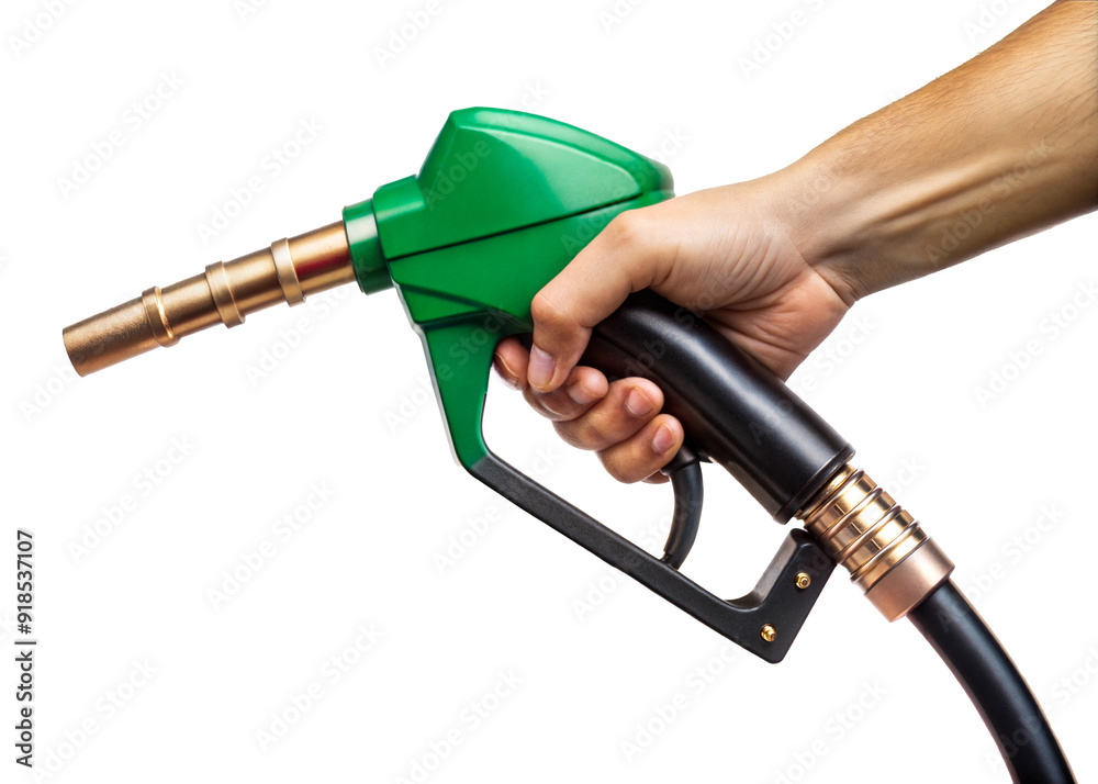 Person holding green fuel nozzle for gas station pump isolated on transparent background Person holding green fuel nozzle for gas station pump isolated on transparent background