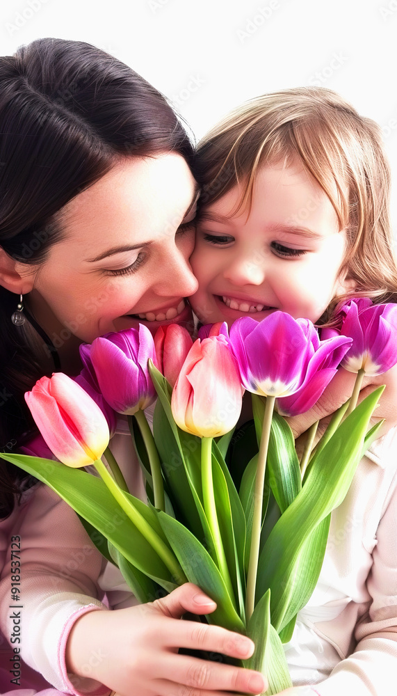 Mother and daughter holding a bouquet of tulips Mother and daughter holding a bouquet of tulips