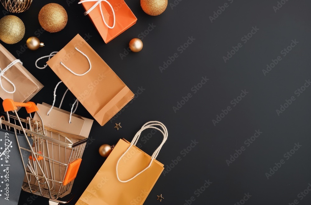 Fototapeta premium Golden Shopping Cart Surrounded by Black Gift Bags on Dark Background