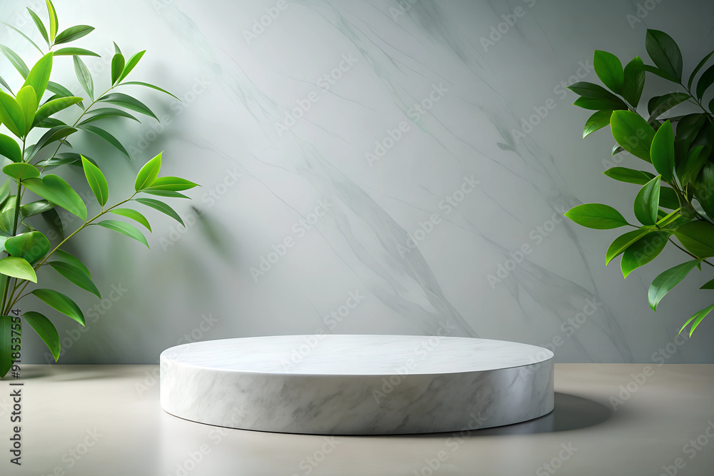 a round podium with a marble texture, decorated with flowers and leaves, placed on a marble surface with a bright background a round podium with a marble texture, decorated with flowers and leaves, placed on a marble surface with a bright background