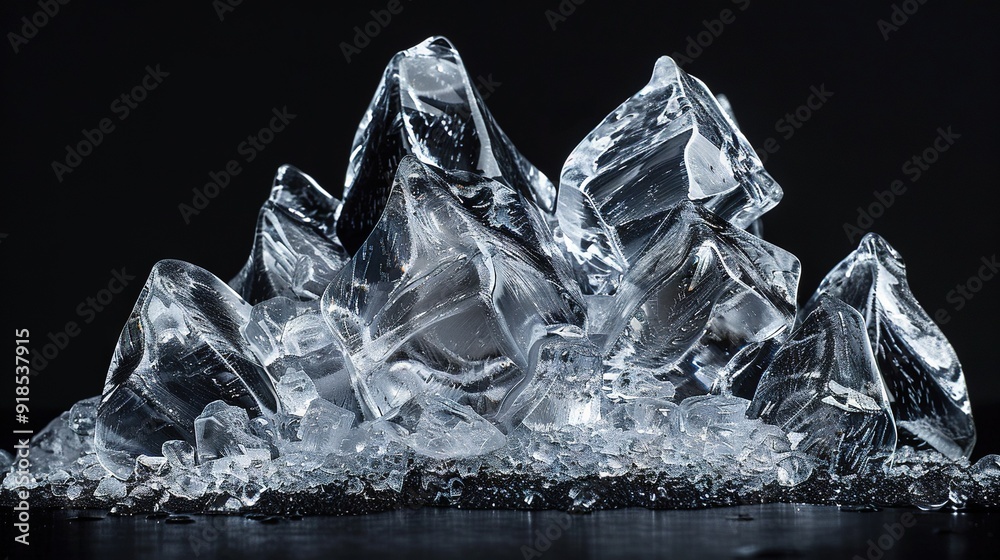 A black countertop holds two piles of ice cubes A black countertop holds two piles of ice cubes