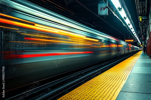 A bustling subway station with a train rushing by, creating a dynamic scene.