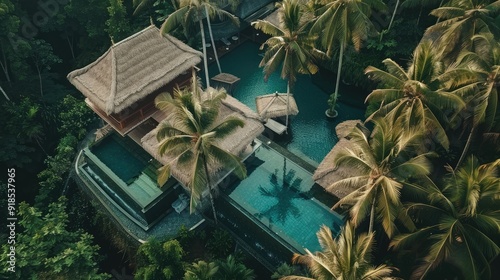 Fototapeta Naklejka Na Ścianę i Meble -  Aerial view of luxury hotel with straw roof villa and pools in tropical jungle and palm trees. Luxurious villa in forest