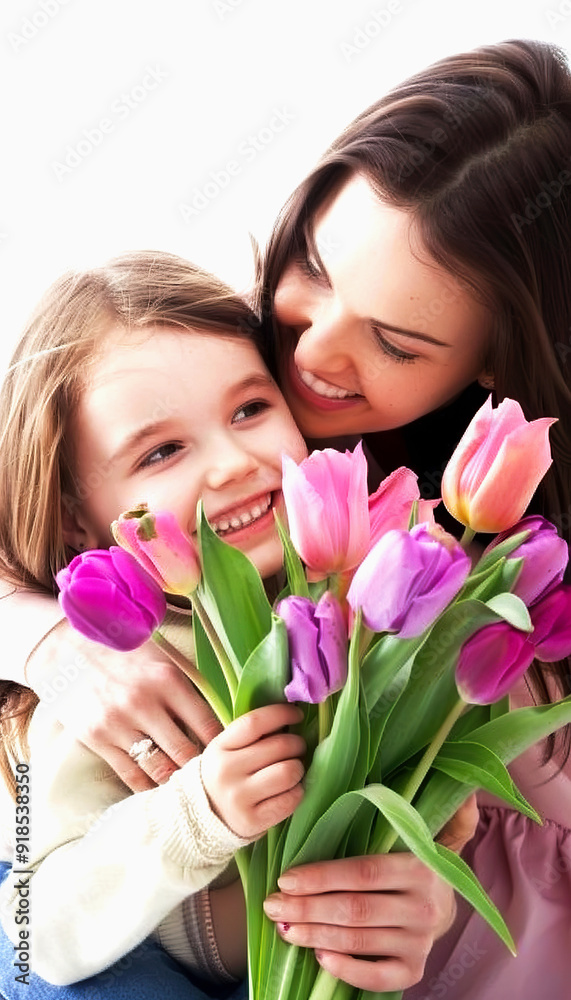 Mother and Daughter Holding a Bouquet of Tulips Mother and Daughter Holding a Bouquet of Tulips