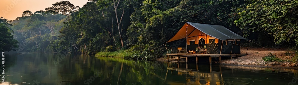 A serene lakeside cabin at sunset, surrounded by lush greenery and reflected in calm waters, perfect for nature escapes.