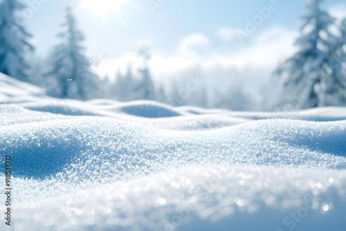 A serene winter landscape with sparkling, untouched snow and frosty trees.