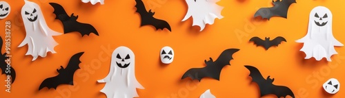 This image showcases a playful arrangement of paper ghosts and bats on an orange background, evoking the fun and spooky spirit of Halloween.