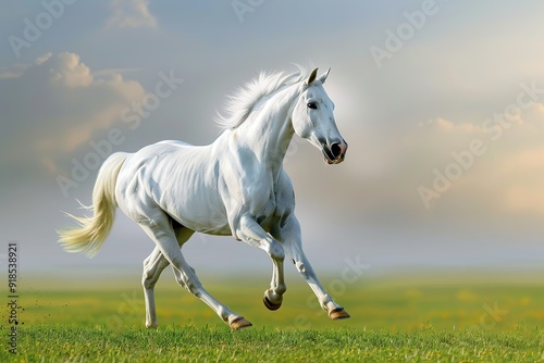 Beautiful white horse on green field