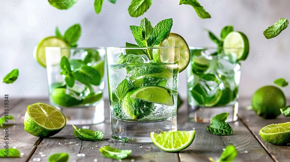 Three glasses of Mojito, surrounded by Limes and Mints on a Wooden Table with scattered Mints Three glasses of Mojito, surrounded by Limes and Mints on a Wooden Table with scattered Mints