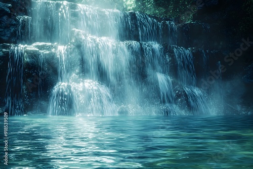 Serene cascading waterfall amidst lush greenery.