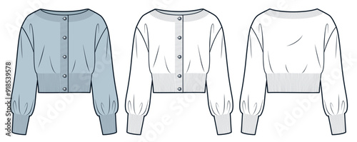 Knit Cardigan technical fashion illustration. Sweater fashion flat technical drawing template, boat neck, buttons, crop, oversize, front and back view, white, blue, women, men, unisex CAD mockup set.