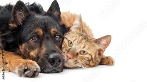 A black and brown dog and a brown tabby cat are lying close together on a white background.