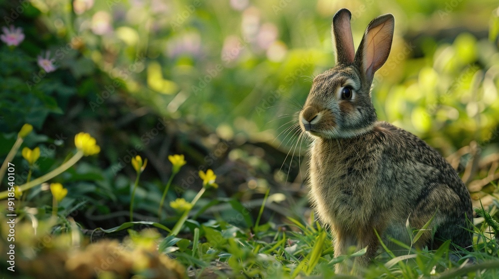 A rabbit sits in the grass, curiously gazing at the camera A rabbit sits in the grass, curiously gazing at the camera