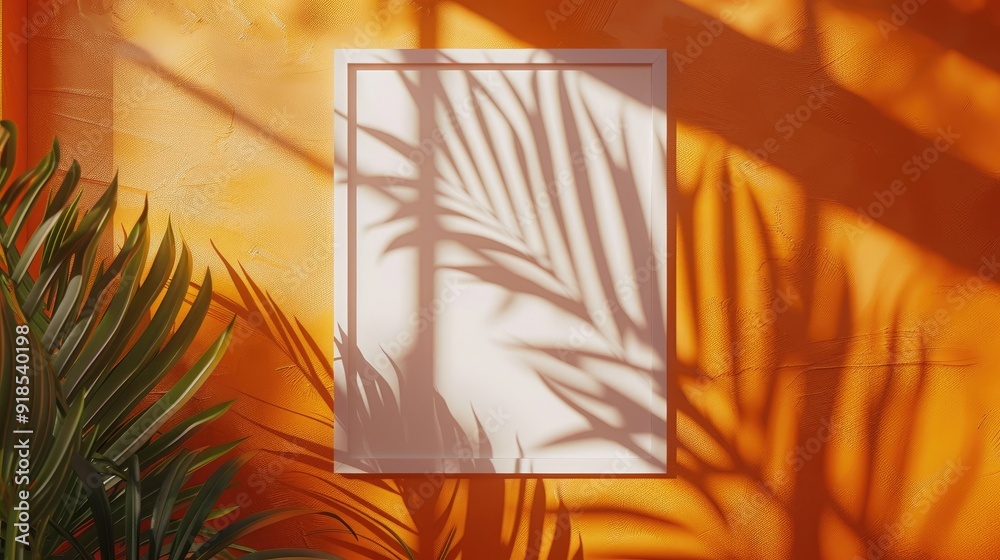 Tropical monstera palm leaf shadow on a white card frame. Orange summer poster. Tropical monstera palm leaf shadow on a white card frame. Orange summer poster.
