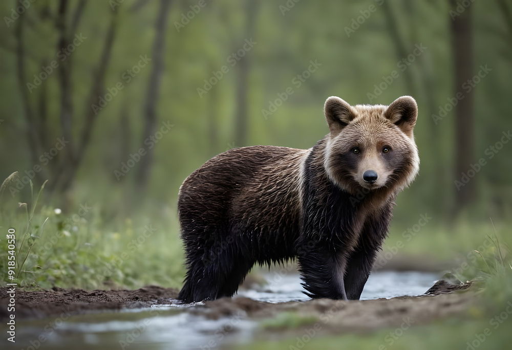 Obraz premium Young eurasian brown bear standing in forest stream