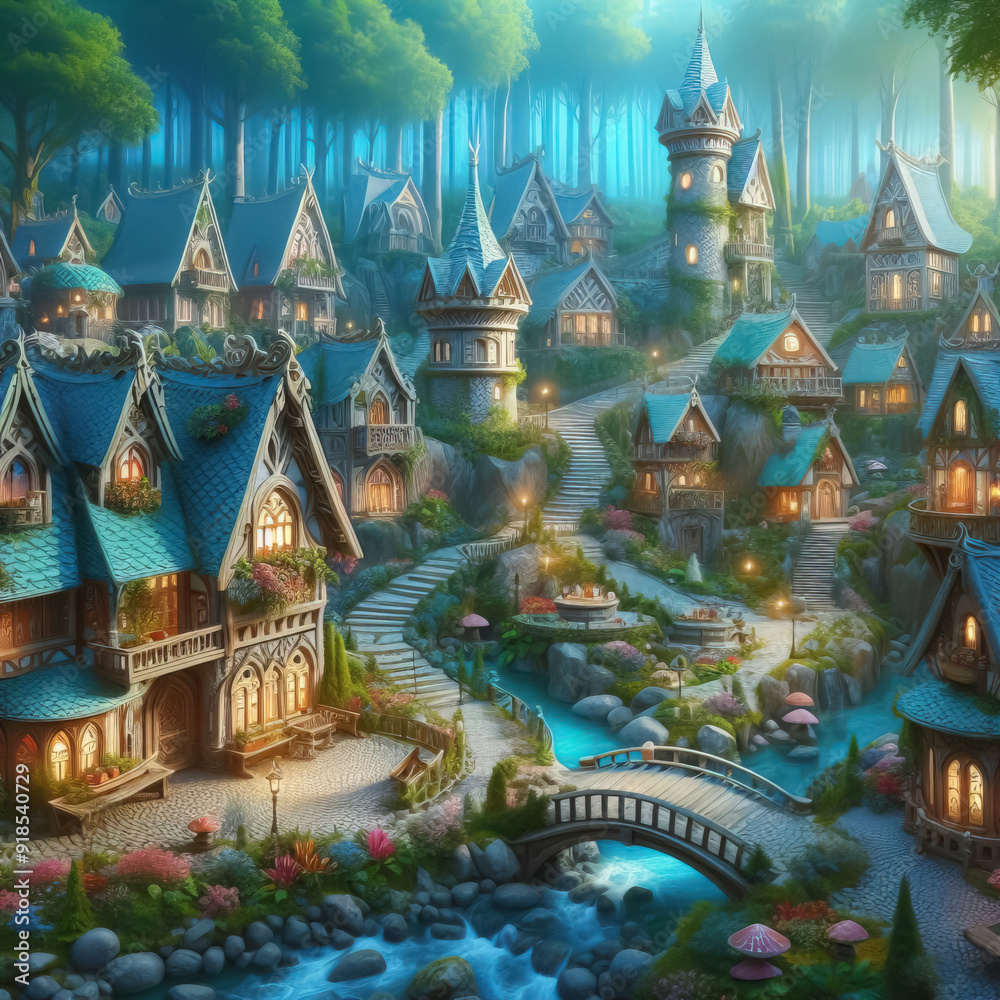 Fototapeta premium Fantasy houses in magic forest, scenery of fairy tale village