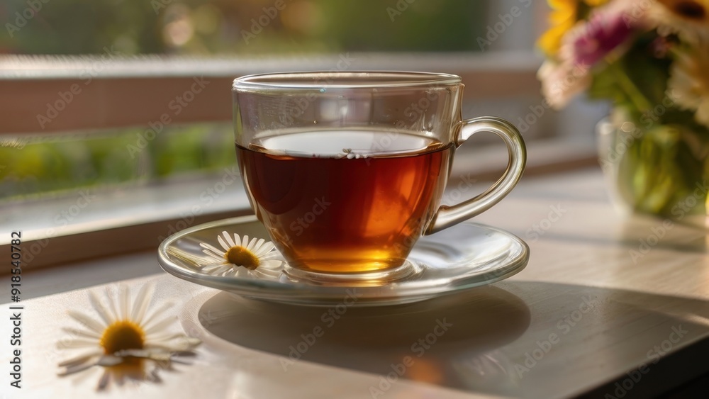 Warm tea in a glass cup on a wooden table against the window, tea on a table in a restaurant at sunset, the concept of rest and relaxation Warm tea in a glass cup on a wooden table against the window, tea on a table in a restaurant at sunset, the concept of rest and relaxation