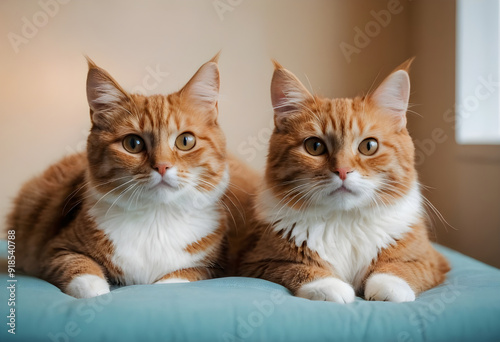 Two cats relaxing on blue pillow are looking at something