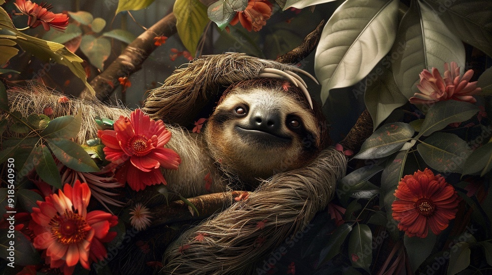 Fototapeta premium A sloth dangles upside down on a tree branch, surrounded by red flowers in the foreground and green leaves and red flowers in the background
