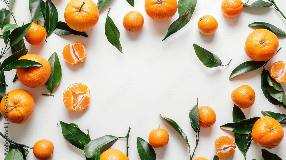 A white background with a border of oranges and leaves, forming a frame with a blank space in the center. A white background with a border of oranges and leaves, forming a frame with a blank space in the center.
