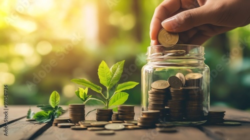 A person is putting coins into a jar