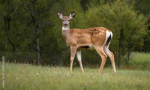 Young white tailed deer fawn standing in a field photo