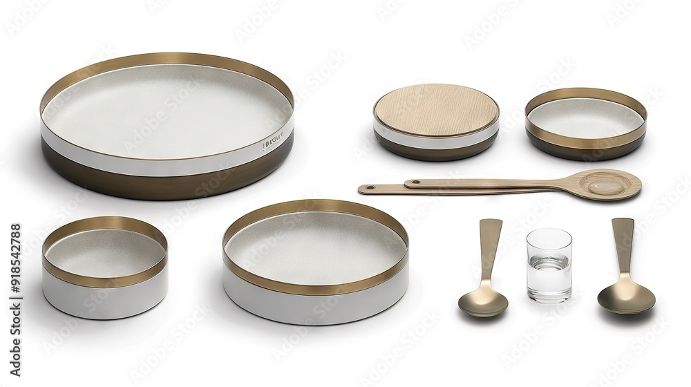 A variety of kitchen utensils are displayed on a white surface, featuring a pan, measuring spoons, measuring cup, and glass A variety of kitchen utensils are displayed on a white surface, featuring a pan, measuring spoons, measuring cup, and glass