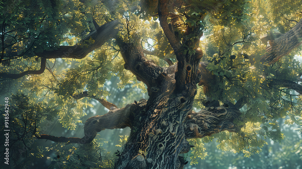 Fototapeta premium A lush forest with a towering tree casting dappled light through its dense foliage, and a majestic bear perched on a branch