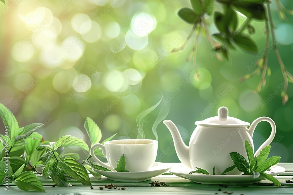 White cup and teapot with aromatic tea, green mint leafs and steam on blurred green background White cup and teapot with aromatic tea, green mint leafs and steam on blurred green background