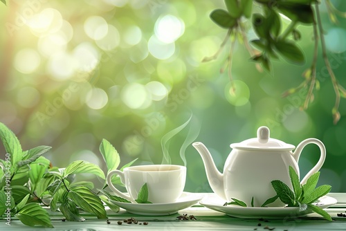 White cup and teapot with aromatic tea, green mint leafs and steam on blurred green background