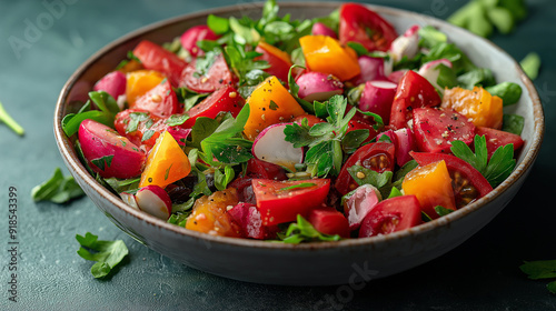 A bowl of colorful, seasonal salad, artfully presented with a variety of vegetables, shot from a telephoto angle that captures the textures and colors, with copy space