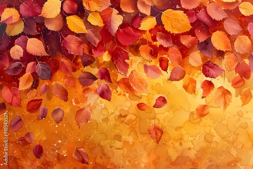 Autumn Bliss. Illustrated background of autumn falling leaves featuring warm hues photo