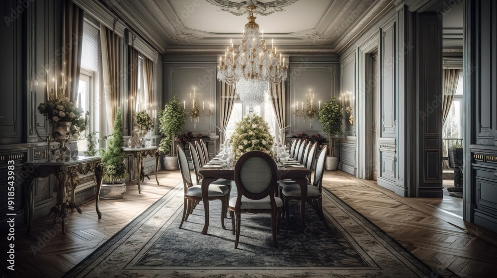 Fototapeta premium Classically-styled formal dining room with a large chandelier