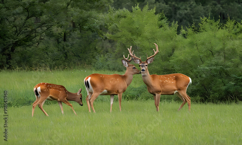 White-tailed deer family grazing in summer meadow