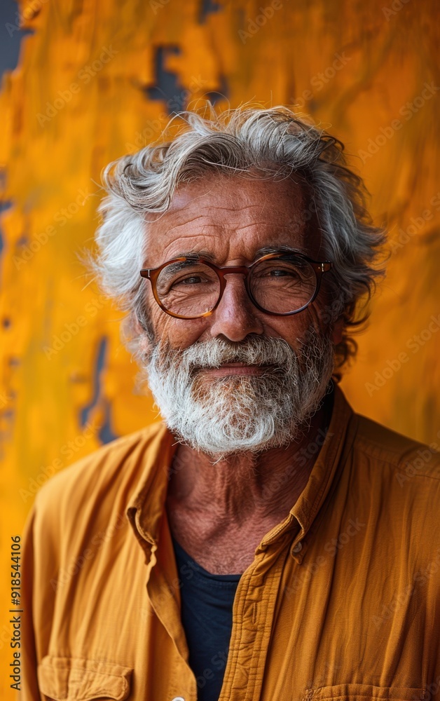 A man with a beard and glasses is smiling at the camera. He is wearing a yellow shirt A man with a beard and glasses is smiling at the camera. He is wearing a yellow shirt