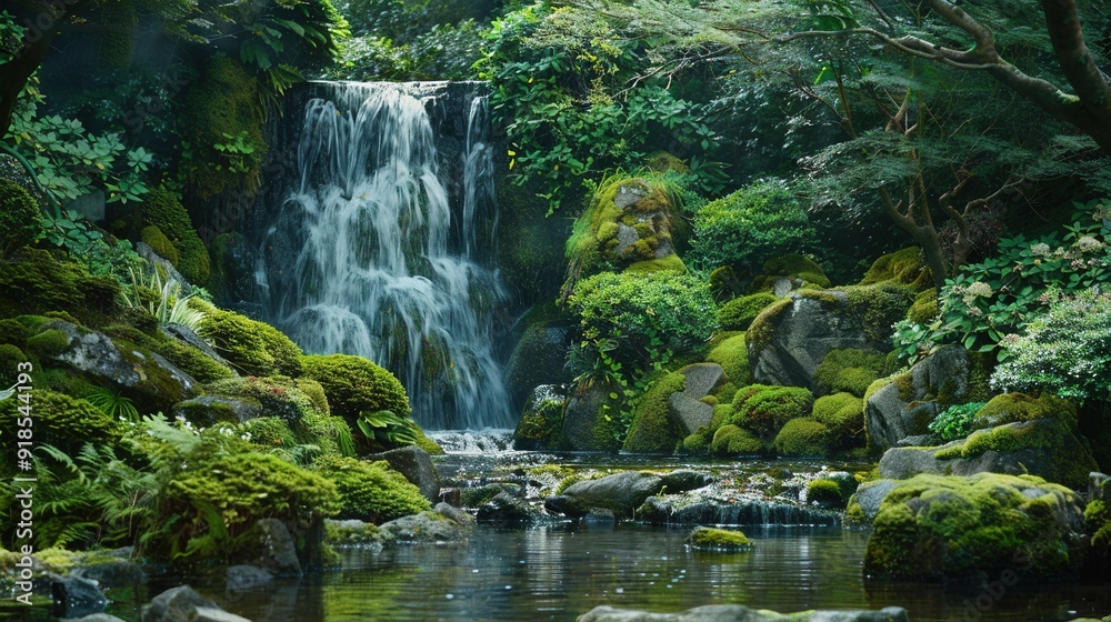 Waterfall painting in a forest with mossy rocks and trees Waterfall painting in a forest with mossy rocks and trees