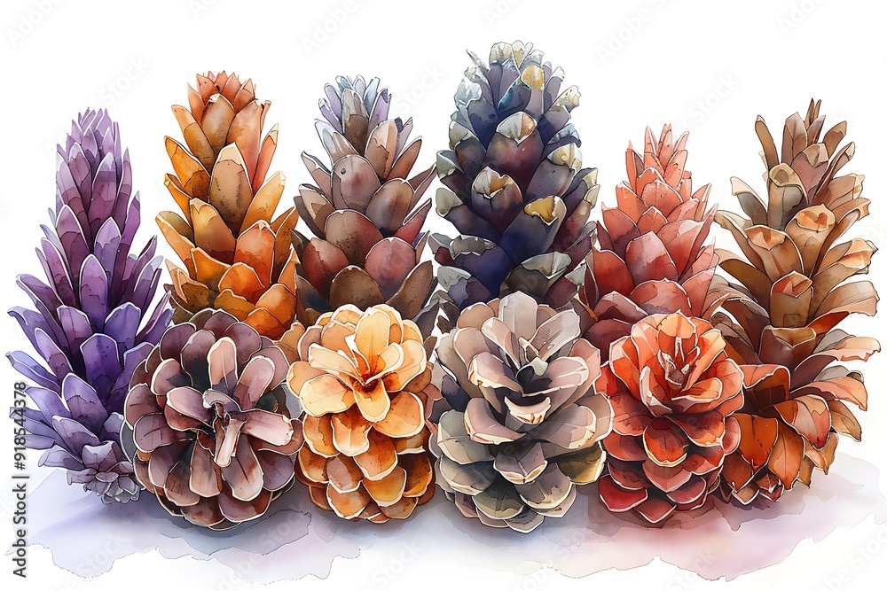 Fototapeta premium Watercolor illustration of pine cones in pastel tones on white background