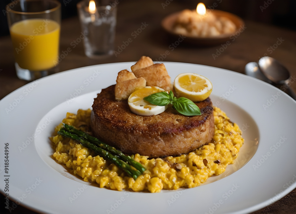 Vegan burger served on a bed of saffron risotto with asparagus and croutons Vegan burger served on a bed of saffron risotto with asparagus and croutons