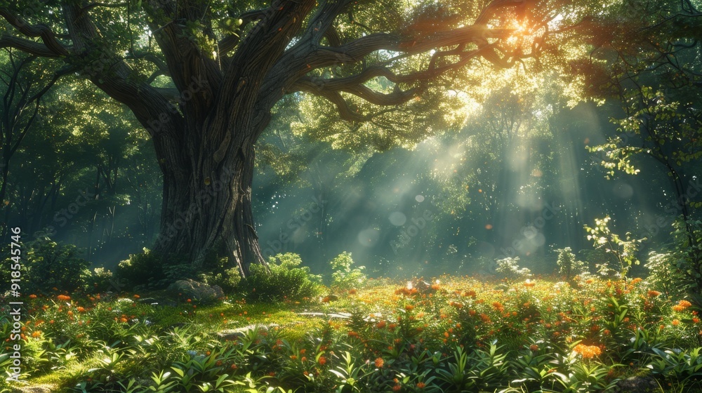 Sunlit forest with majestic tree - generative ai Sunlit forest with majestic tree - generative ai