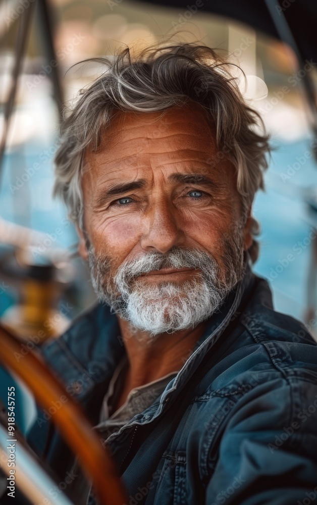 A man with a beard and gray hair is smiling at the camera. He is wearing a blue jacket and is driving a boat A man with a beard and gray hair is smiling at the camera. He is wearing a blue jacket and is driving a boat