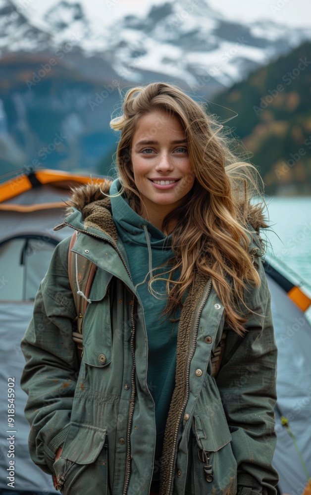 A woman is smiling and wearing a green jacket and a brown hoodie. She is standing in front of a tent and a backpack A woman is smiling and wearing a green jacket and a brown hoodie. She is standing in front of a tent and a backpack
