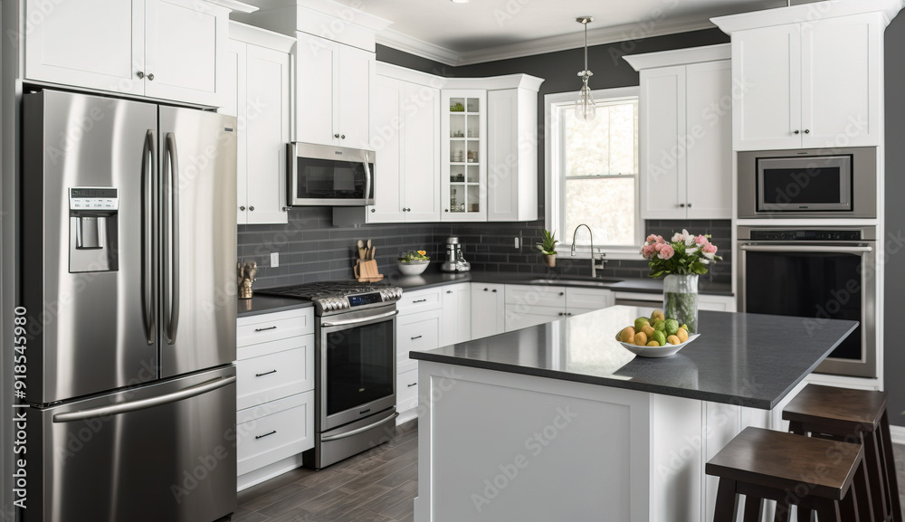 Beautiful contemporary kitchen with white cabinetry and stainless steel appliances Beautiful contemporary kitchen with white cabinetry and stainless steel appliances