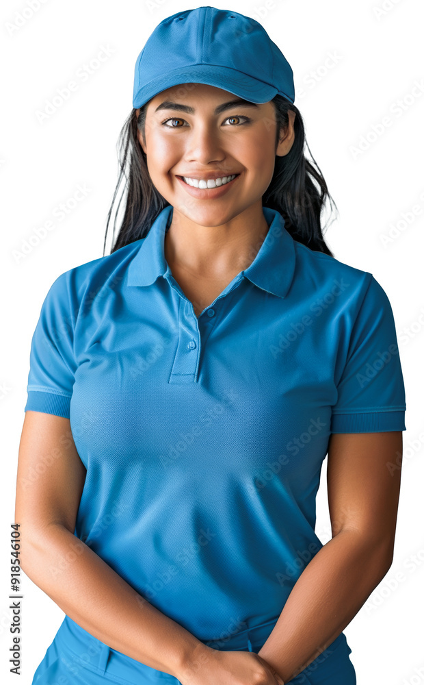 Cheerful Polynesian woman wearing blue job uniform posing with a smile Cheerful Polynesian woman wearing blue job uniform posing with a smile