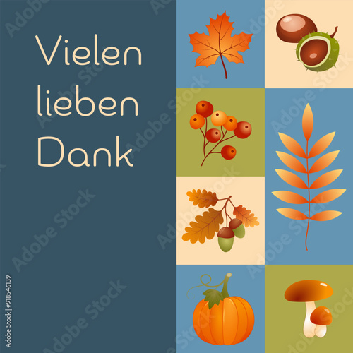 Vielen lieben Dank - Schriftzug in deutscher Sprache. Quadratische Karte mit Kürbis, Beeren, Kastanien, Eicheln, Ahornblatt und Pilzen.