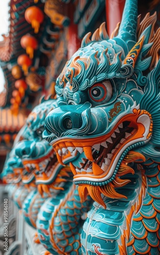 Wallpaper Mural Two blue dragon heads with orange accents. The blue dragon is larger than the other Torontodigital.ca