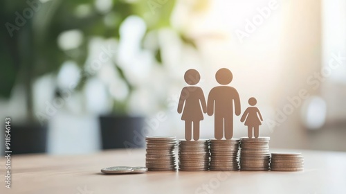 A family of three is standing on a pile of coins