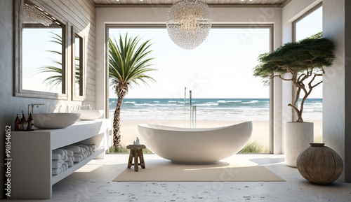 Beautiful luxurious bathroom with a freestanding bathtub photo